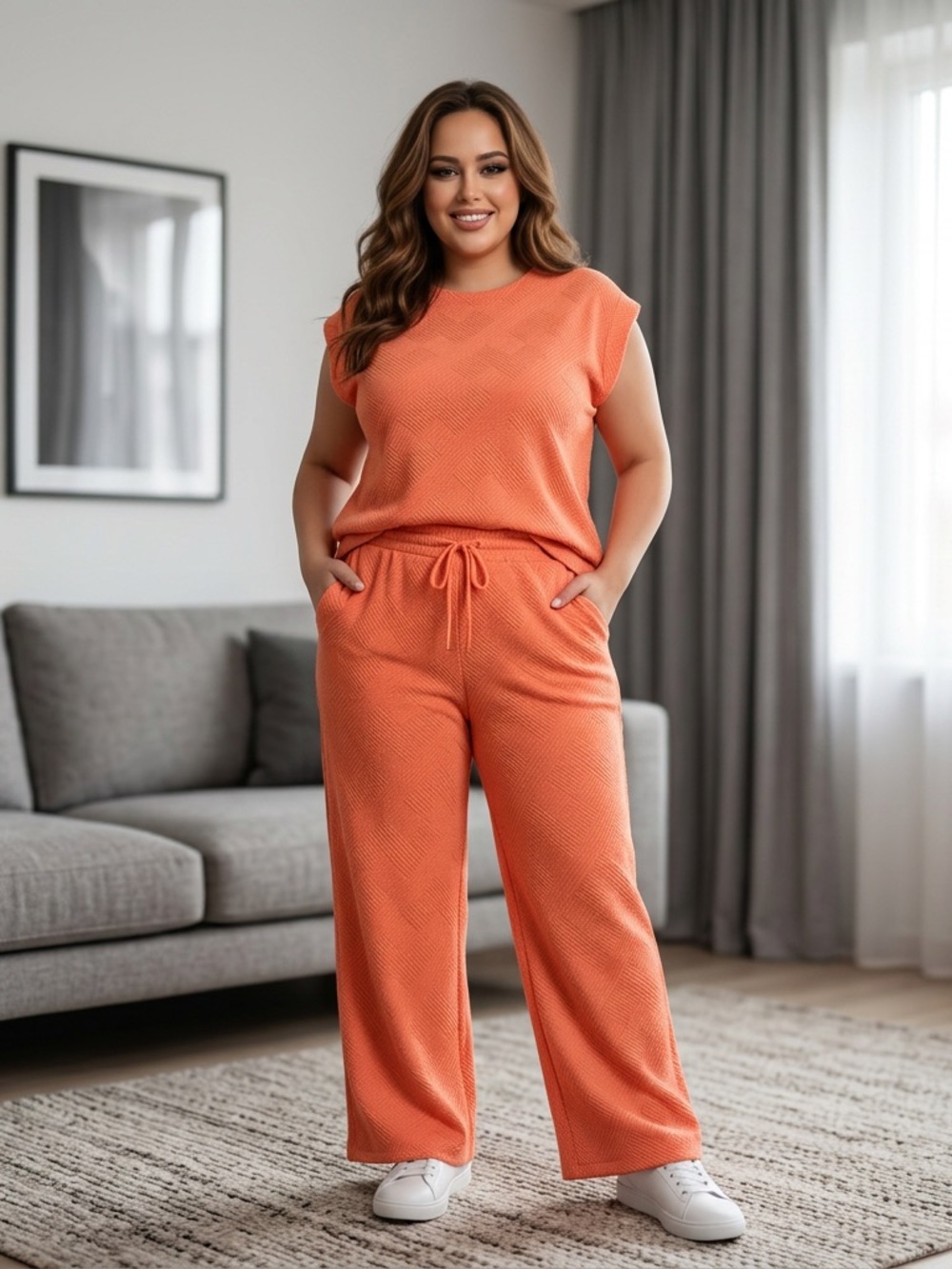 Coral Textured Two-Piece Lounge Set – Size 1X